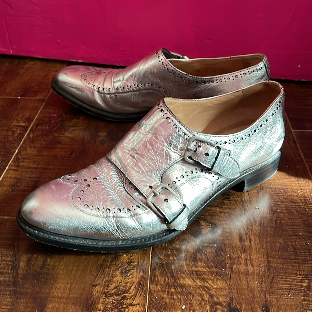 Office of Angela Scott Silver leather monk strap dress shoes. Size 39.5